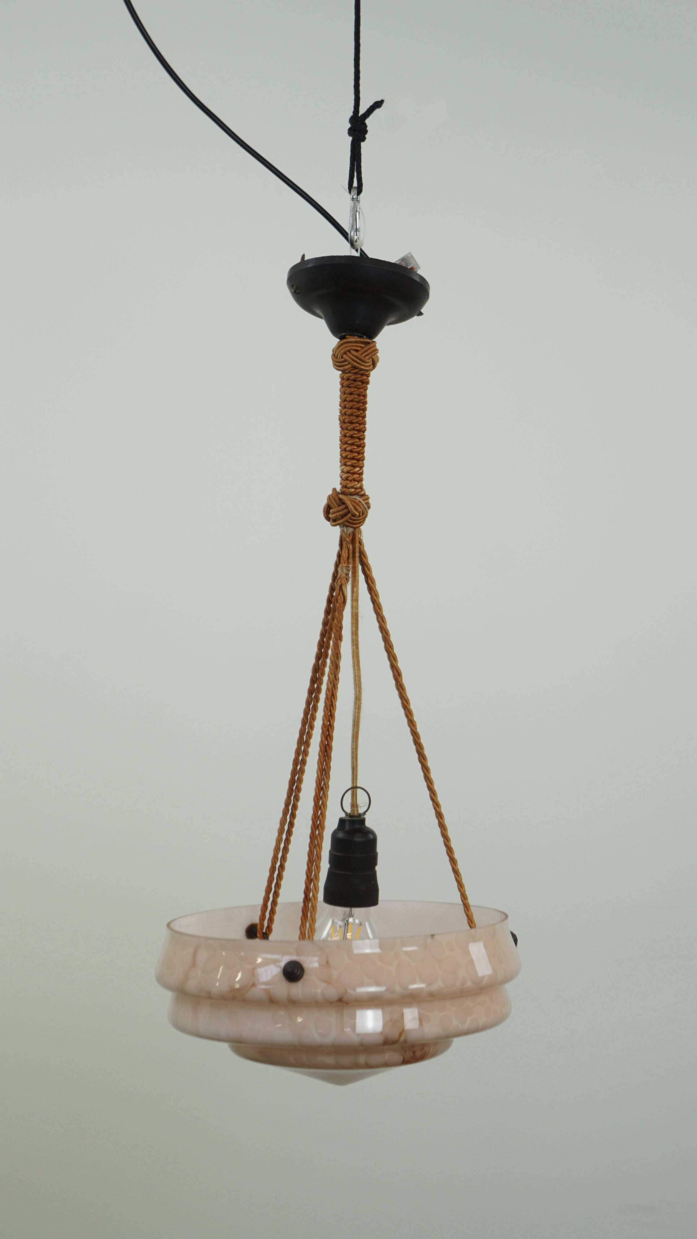 Vintage soft pink marbled glass Art Deco design pendant lamp