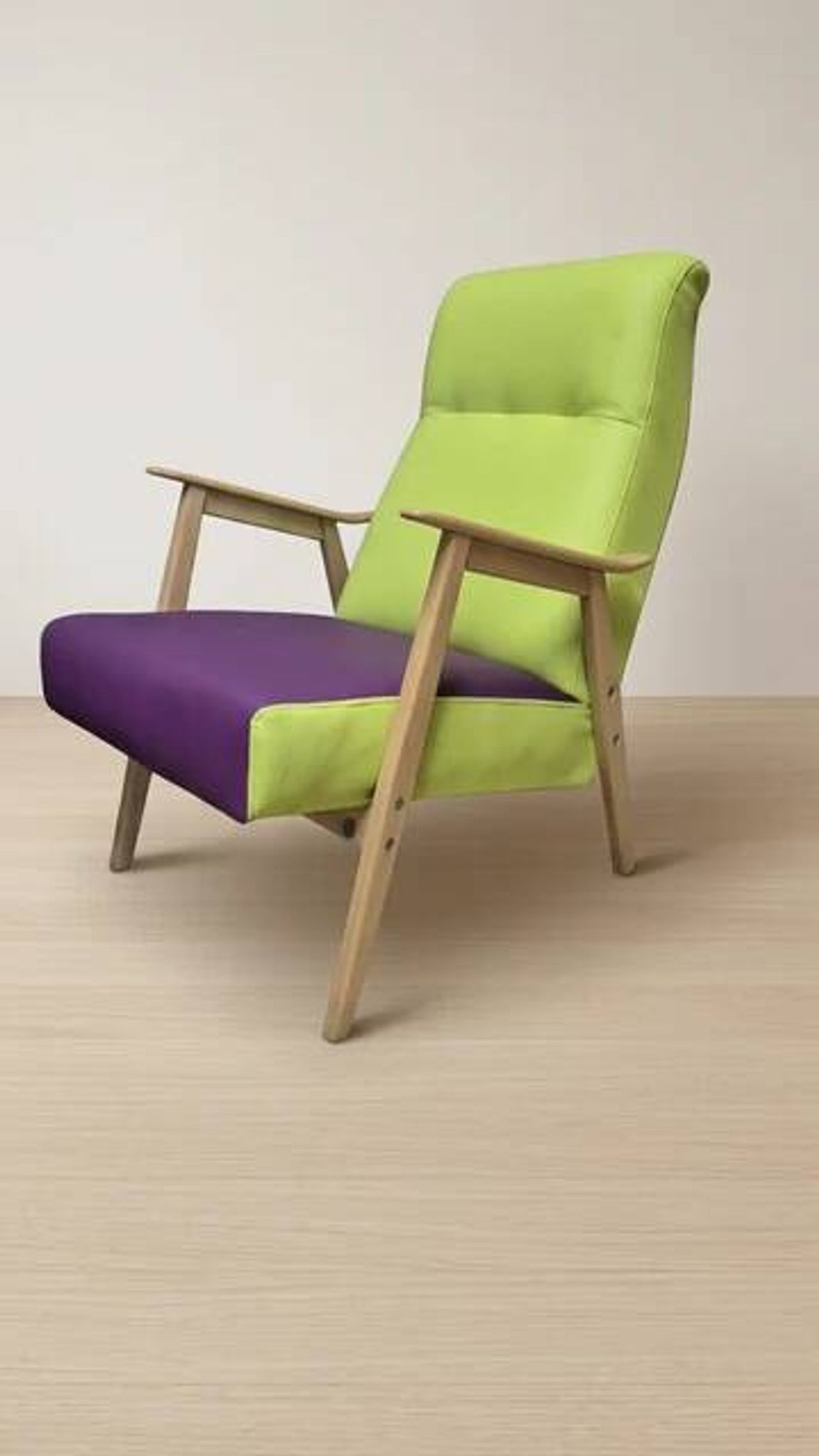 Pair of restored vintage armchairs, green and purple upholstery