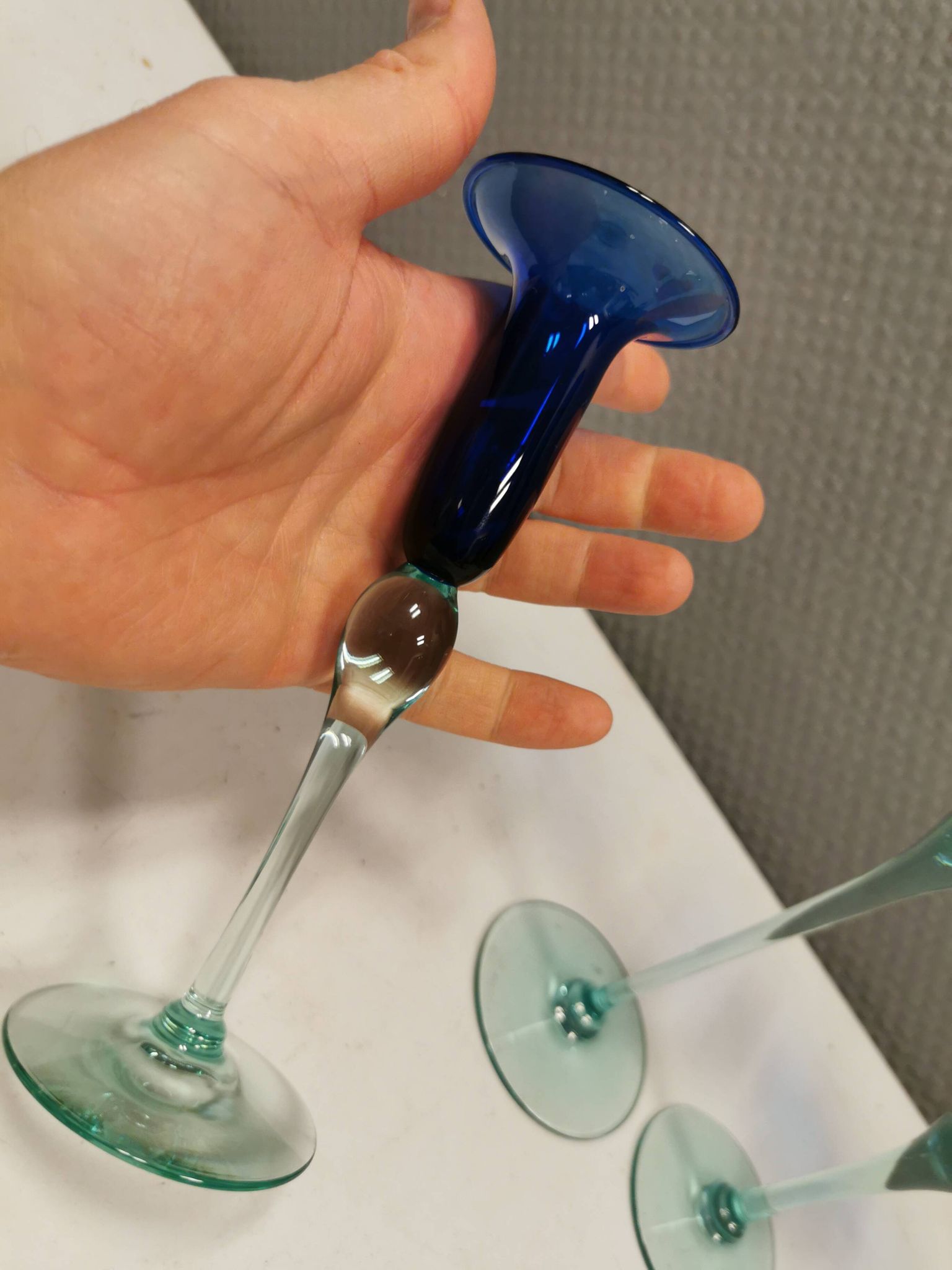 Royal Copenhagen set of 3 candle holders, model Harlequin in blue/turquoise glass.