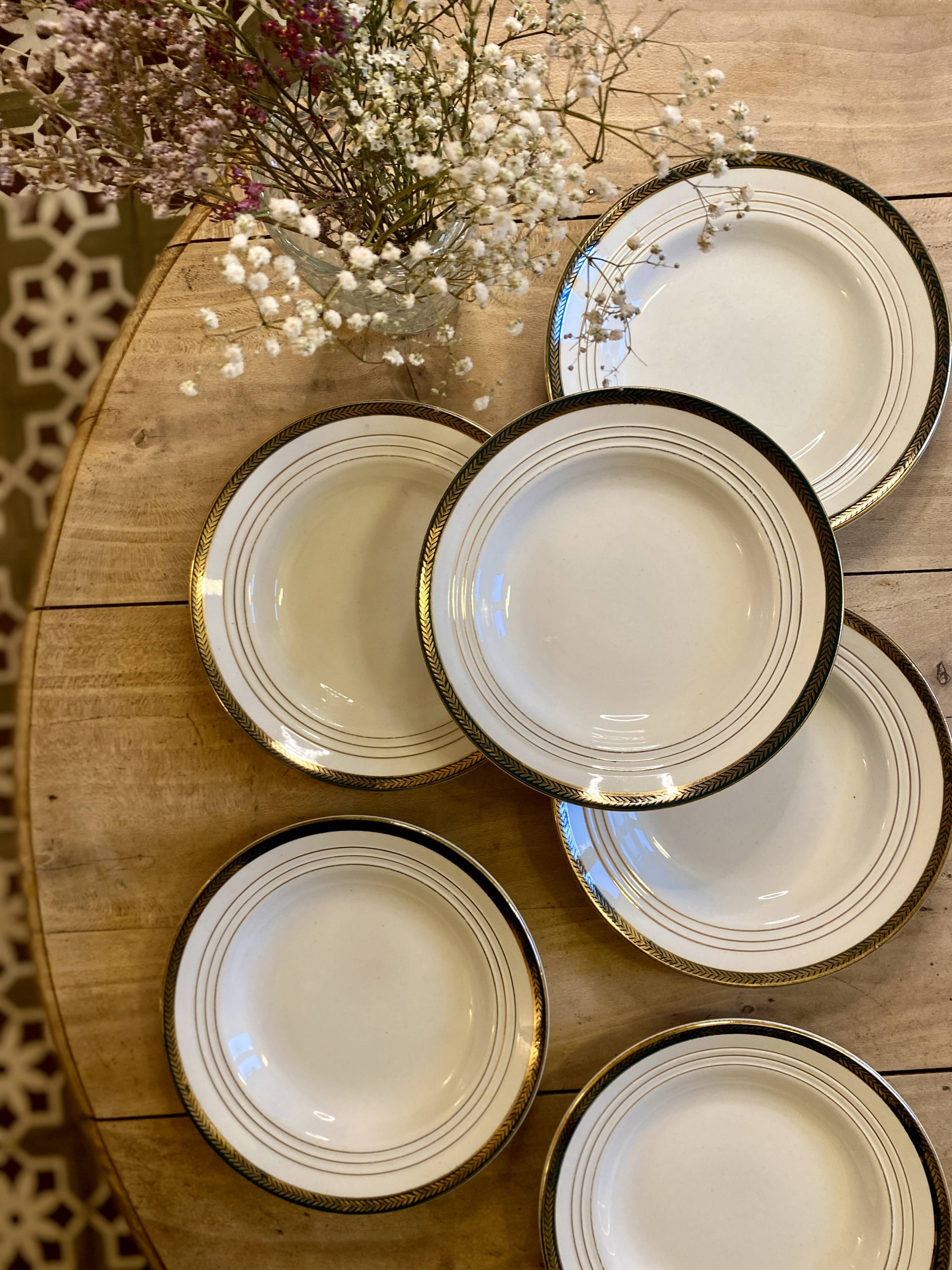 Set of 6 vintage semi-porcelain soup plates, Chinon de Céranord green and gold frieze