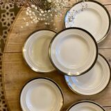 Set of 6 vintage semi-porcelain soup plates, Chinon de Céranord green and gold frieze