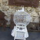 Cage has birds vintage, in wood and metal, painted in blue and white