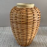 Stoneware and rattan vase