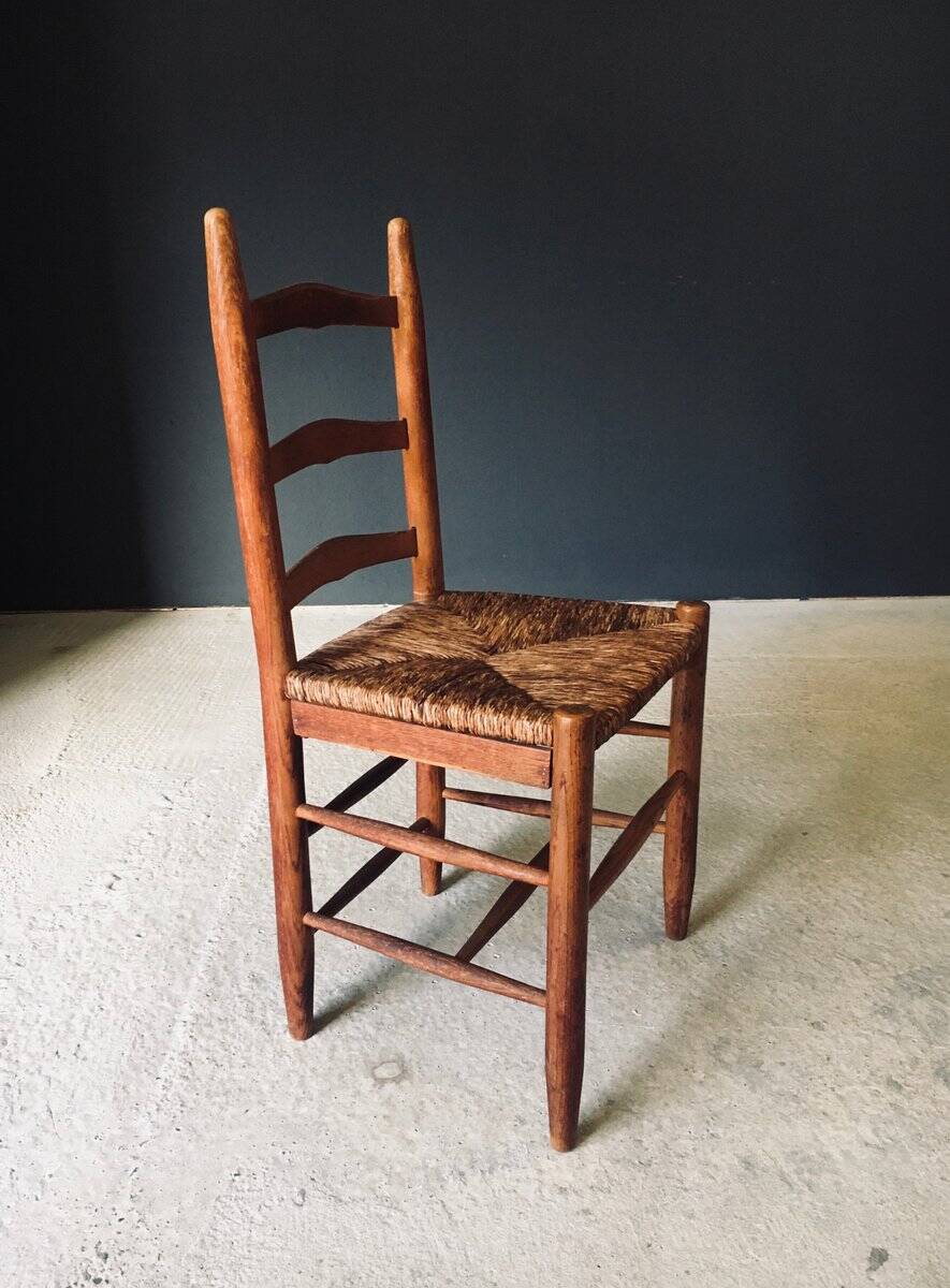Low rustic ladder back dining chairs in oak and rush, Belgium, 1950s, set of 6.