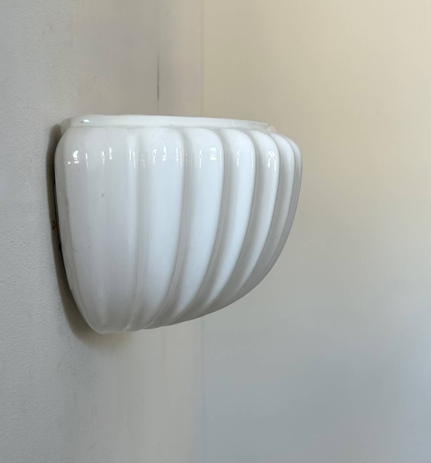 Vintage white earthenware wall lamp, shell, France 1970