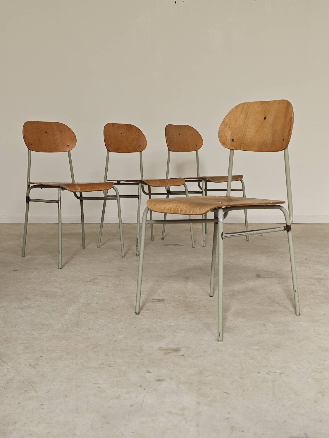 Set of 4 metal and wood school chairs, former Czechoslovakia, 1960.