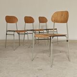 Set of 4 metal and wood school chairs, former Czechoslovakia, 1960.