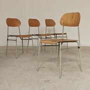 Set of 4 metal and wood school chairs, former Czechoslovakia, 1960.