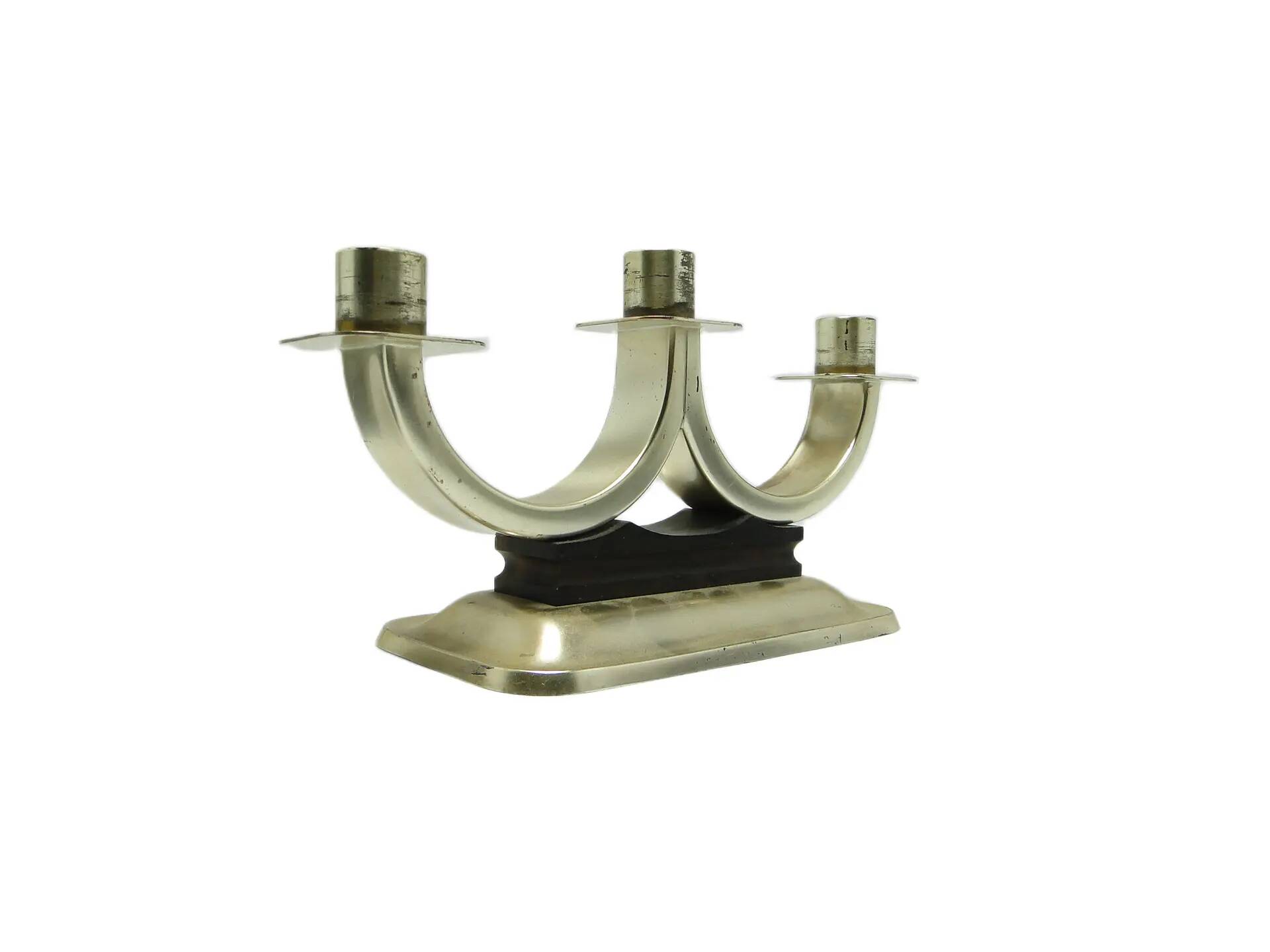 Three-armed candlestick, Art Deco, silver-plated brass, Quist, Germany, 1950s
