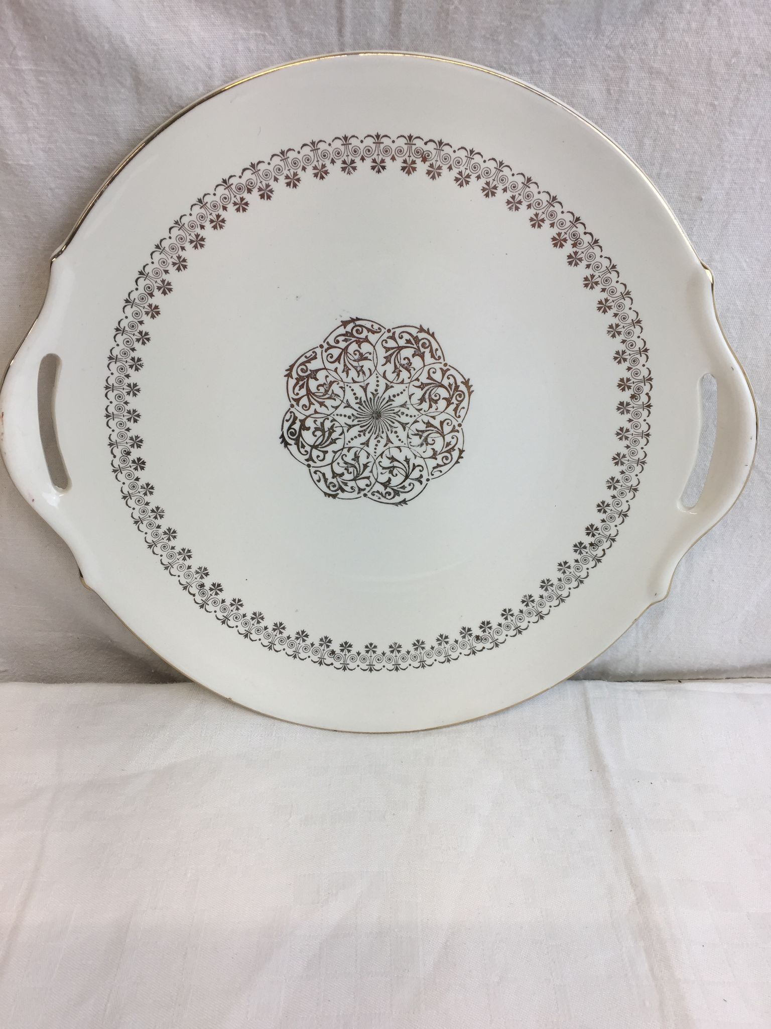 Round dish with white and gold handles made in France Digoin Sarreguemines