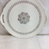 Round dish with white and gold handles made in France Digoin Sarreguemines