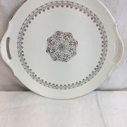 Round dish with white and gold handles made in France Digoin Sarreguemines