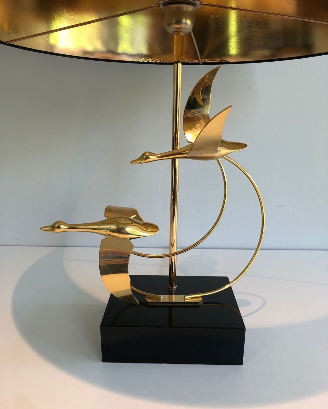 Brass Table Lamp with Wild Goose Flight, French Work, circa 1970