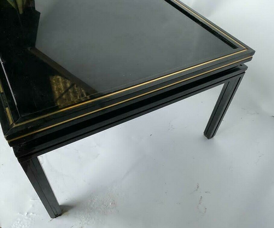 Coffee table laque Pierre Vandel 1980 metal black glass smokes