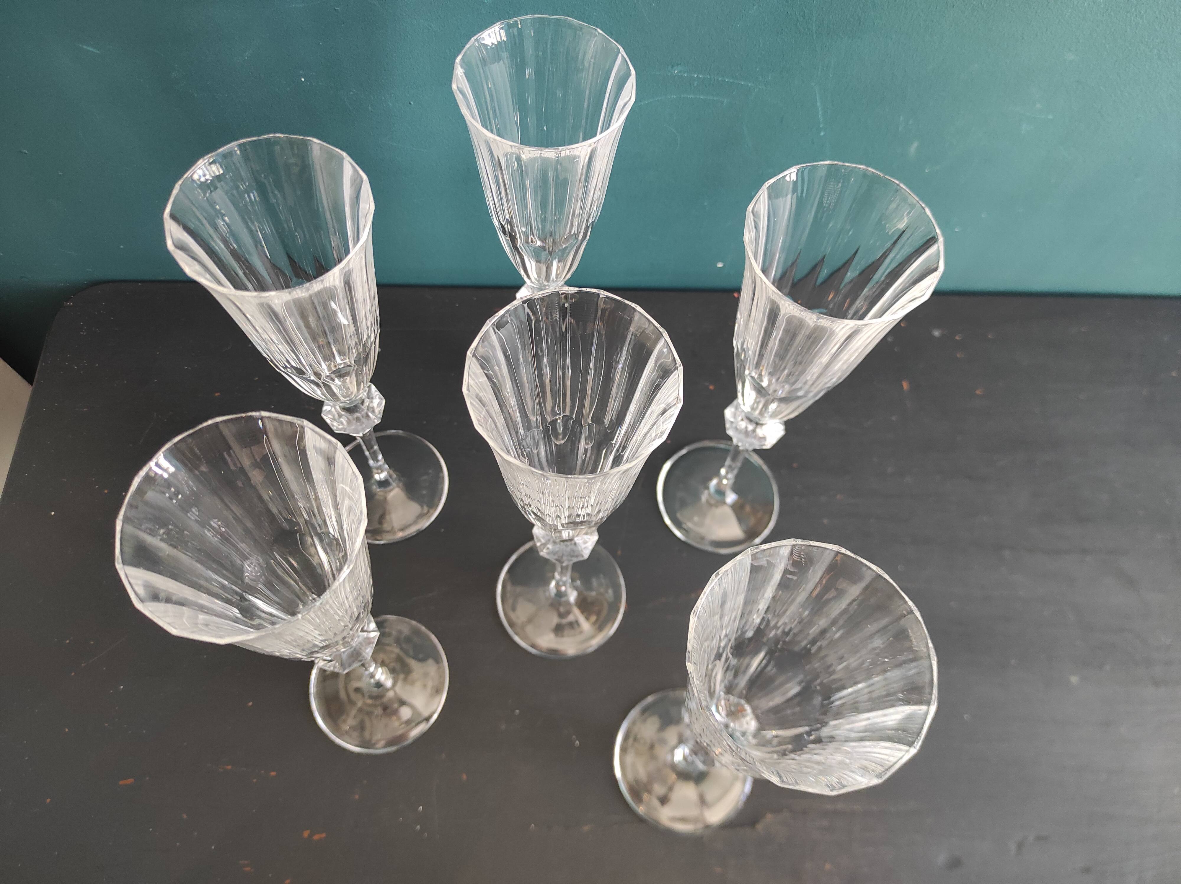 Set of 6 French champagne glasses, Cristal D'Arques, mod. Diamantis