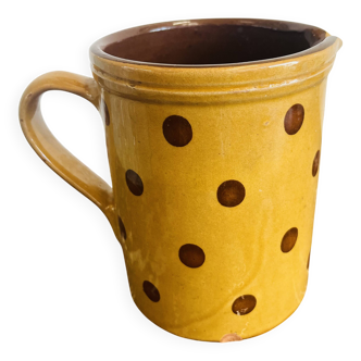 Antique Savoyard pottery pitcher decorated with a polka dot pattern