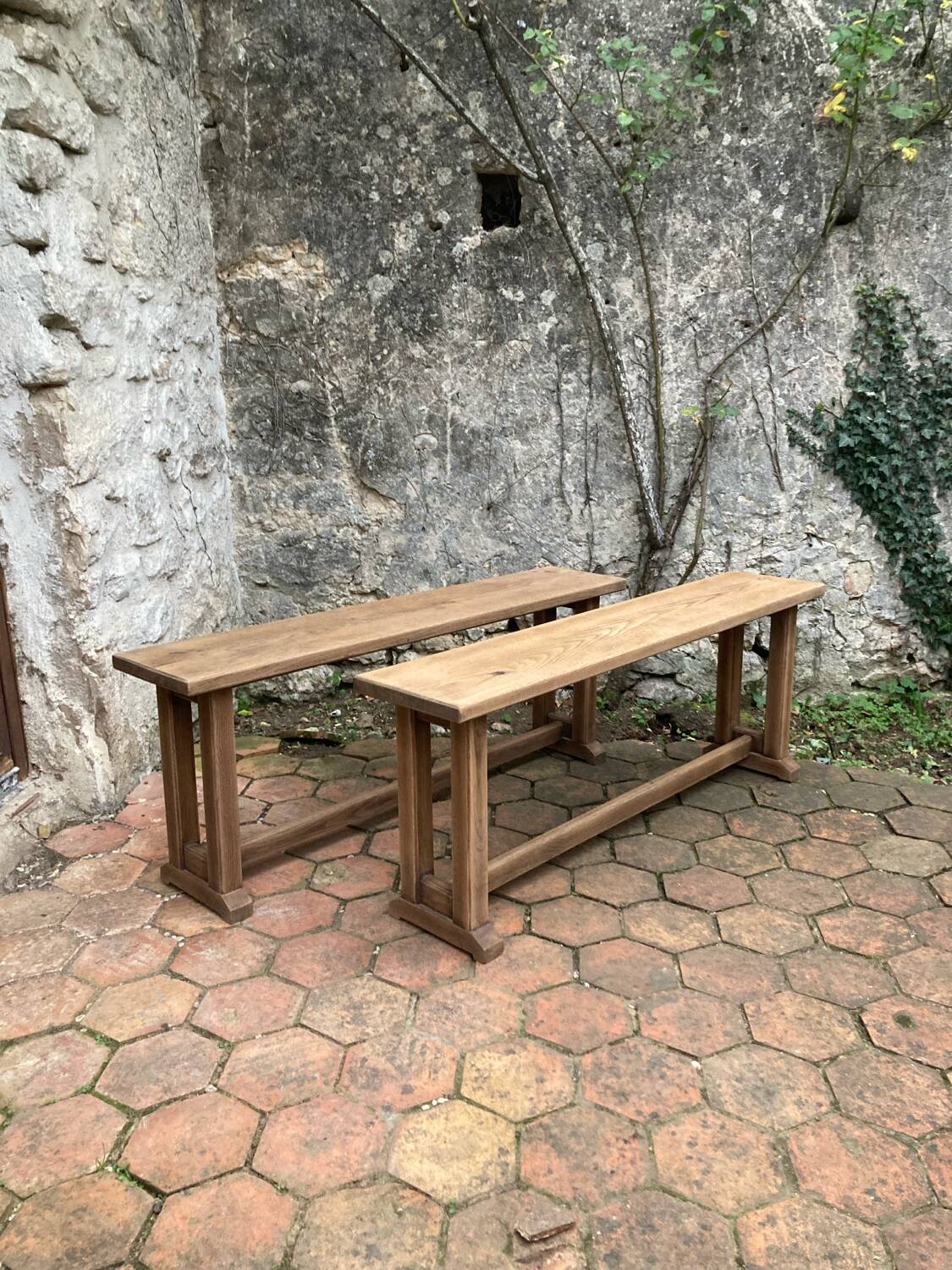 Pair of antique solid oak benches