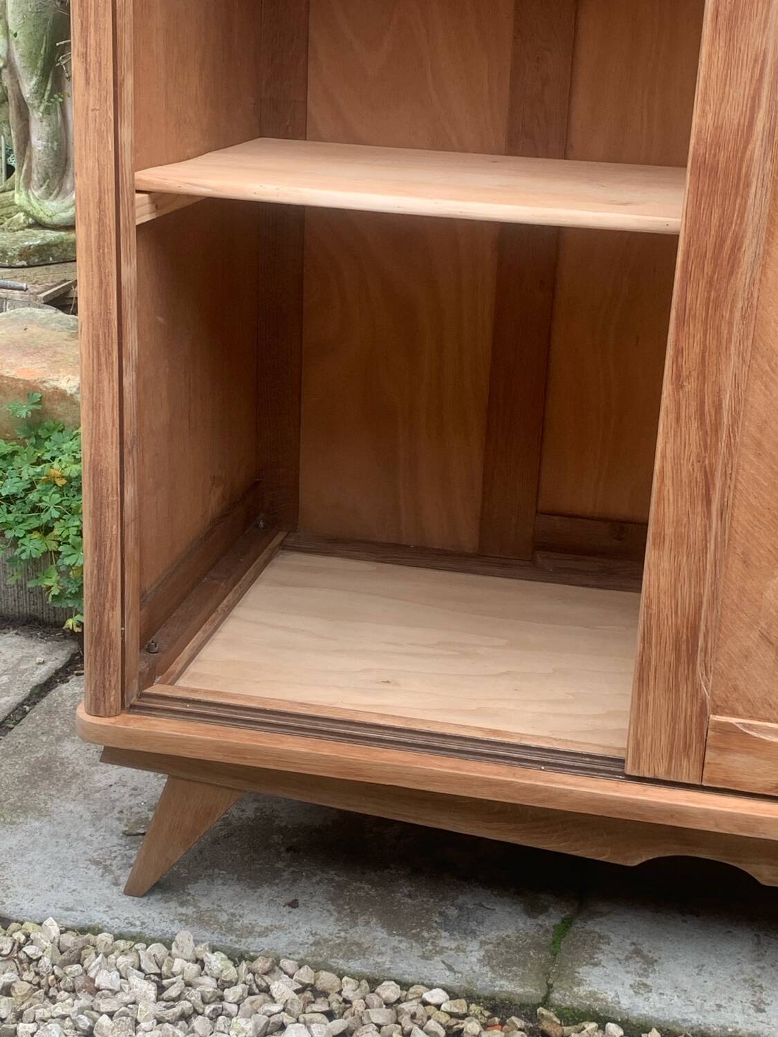 Vintage wardrobe with compass legs in raw wood, sliding doors, 1960s