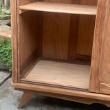 Vintage wardrobe with compass legs in raw wood, sliding doors, 1960s