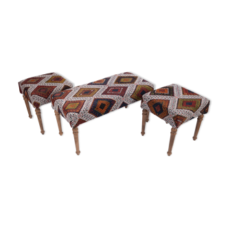 Set Of 3 Turkish Kilim Bench, Kilim Bench Upholstered With Vintage Turkish Kilim Rug, Ottoman Footst