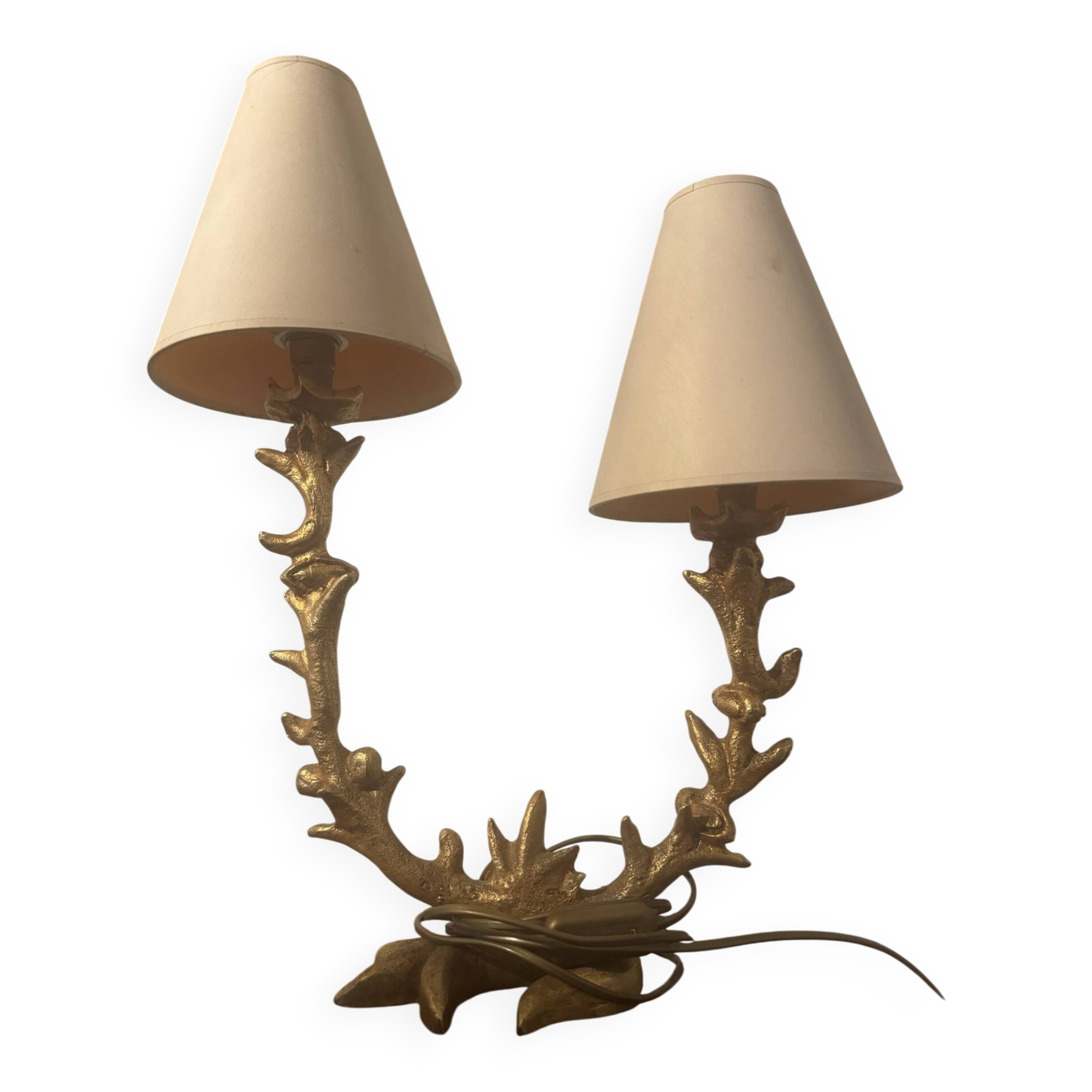 Two-armed table lamp in gilded bronze by Georges Mathias for Fond.