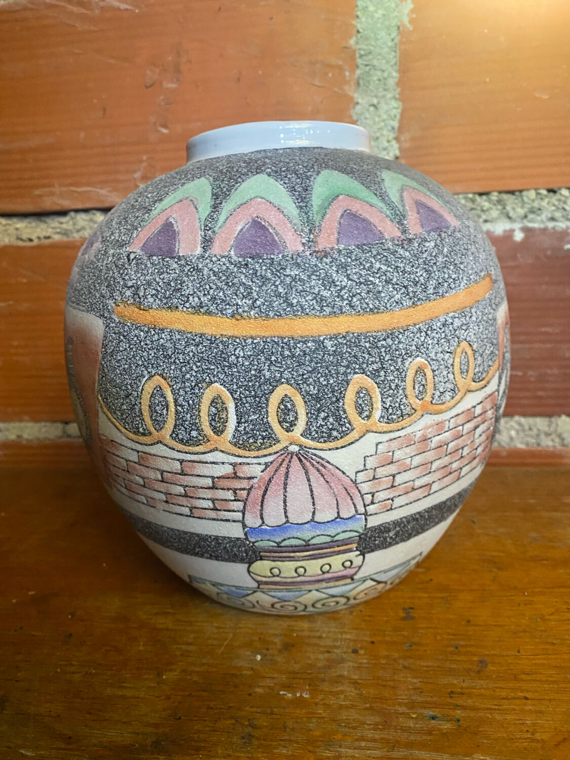 Antique Polychrome Ceramic Ball Vase Made in France Vintage