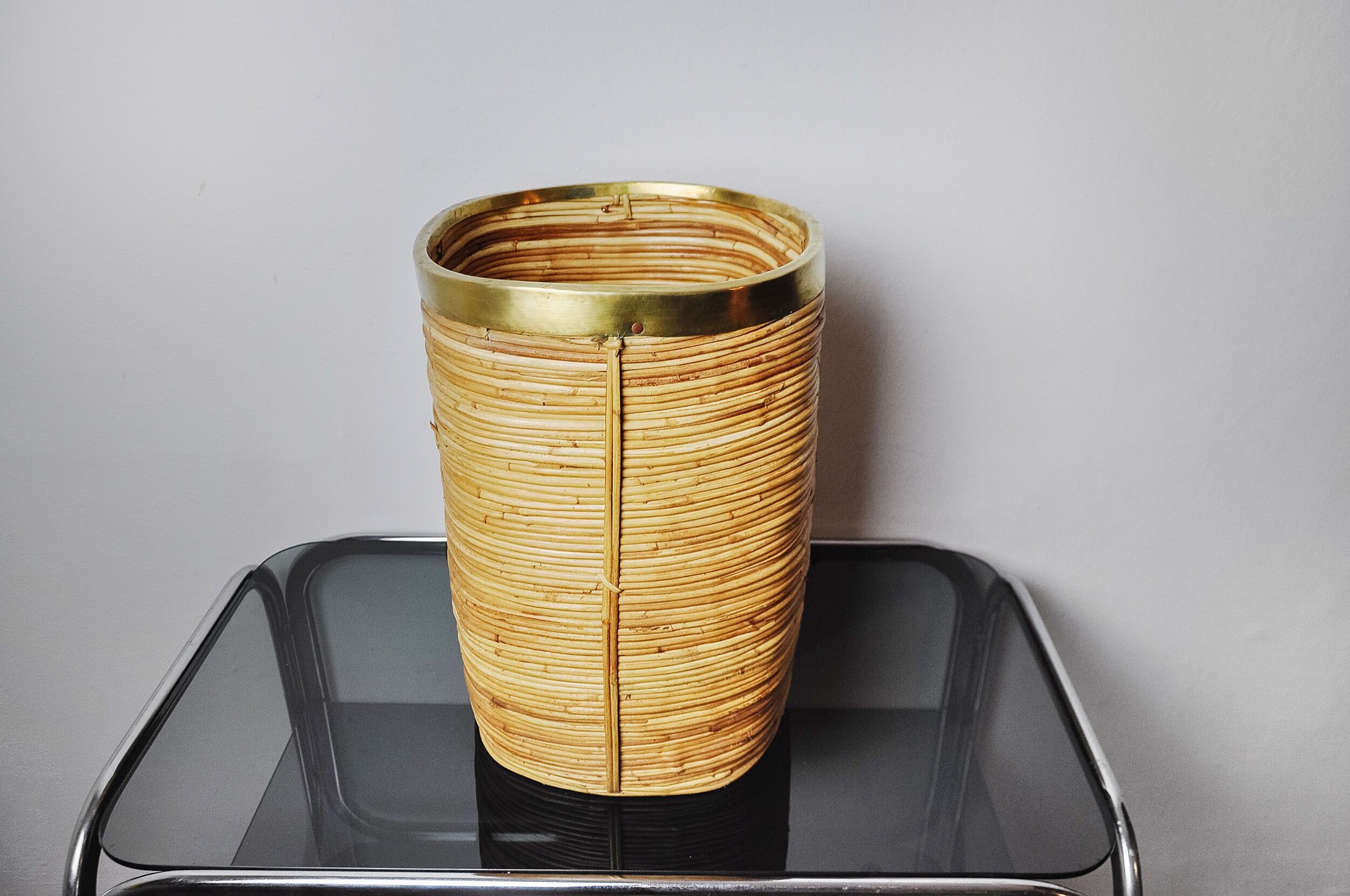 Rattan and brass umbrella stand, Italy, 1970