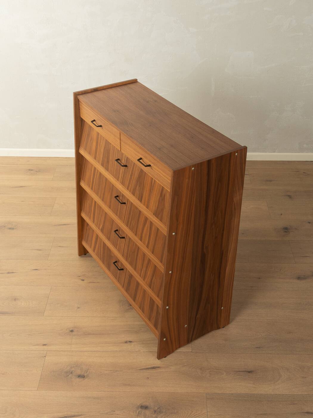 Classic shoe cabinet from the 1960s, walnut veneer, four drop-down doors, two drawers