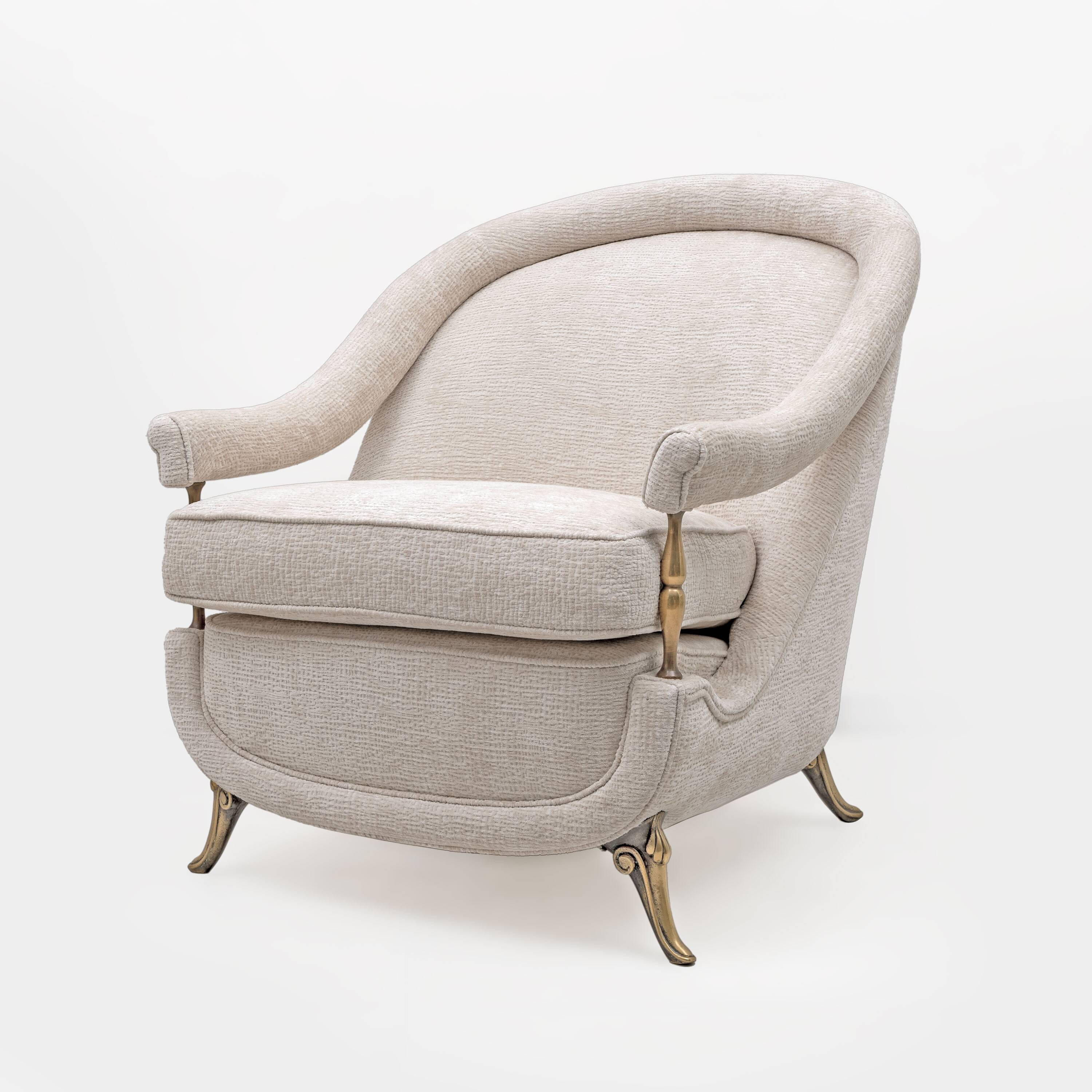 Pair of French Mid-Century Armchairs in Art Deco Style with Brass Details