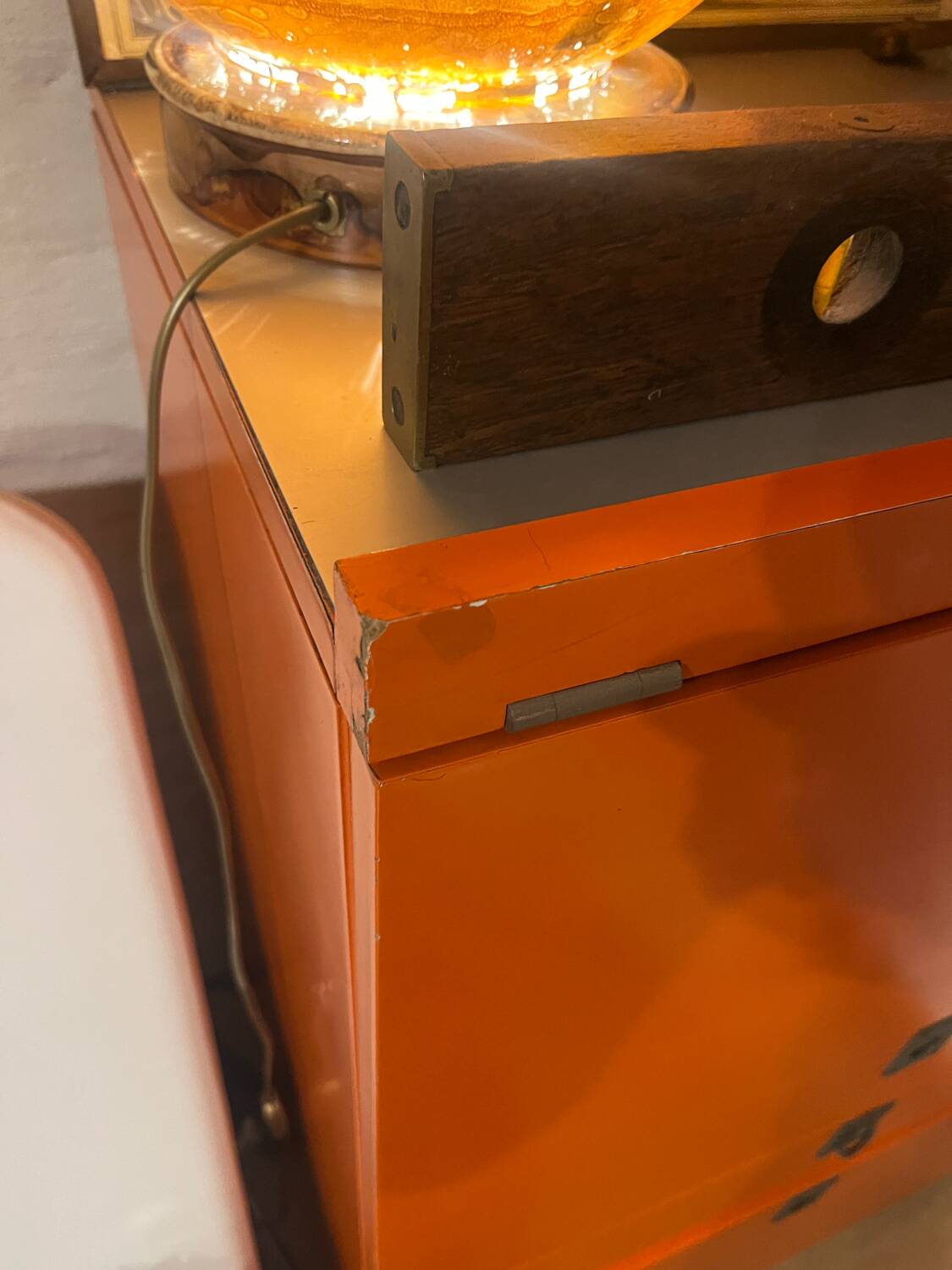 1980 Brown Wood Chest of Drawers with Fold-Out Work Surface and Angled Desktop