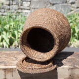 Old basket, burgundy straw and bramble with lid, woven basket