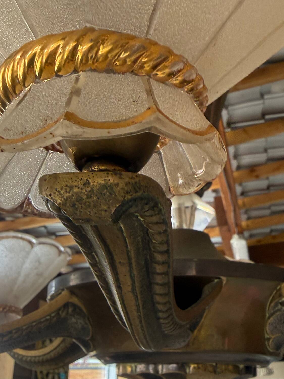 Art Deco Chandelier with Six Lights in Bronze and Frosted Glass, France, 1930s