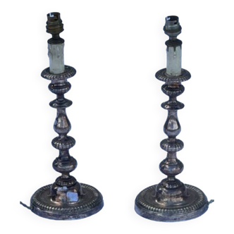 Pair of silver metal candlesticks mounted as lamps