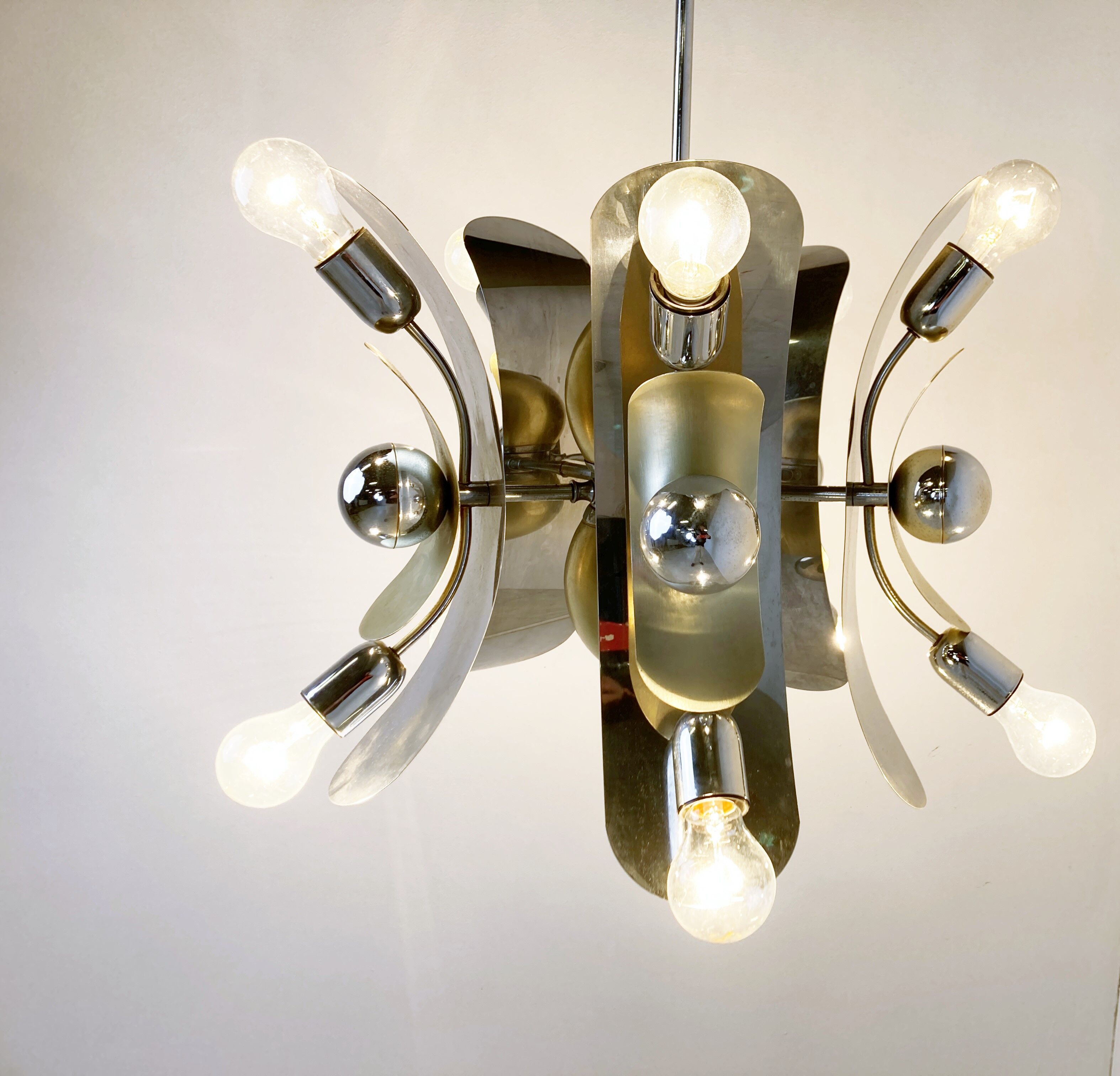 Vintage italian chrome and brass chandelier, 1970s