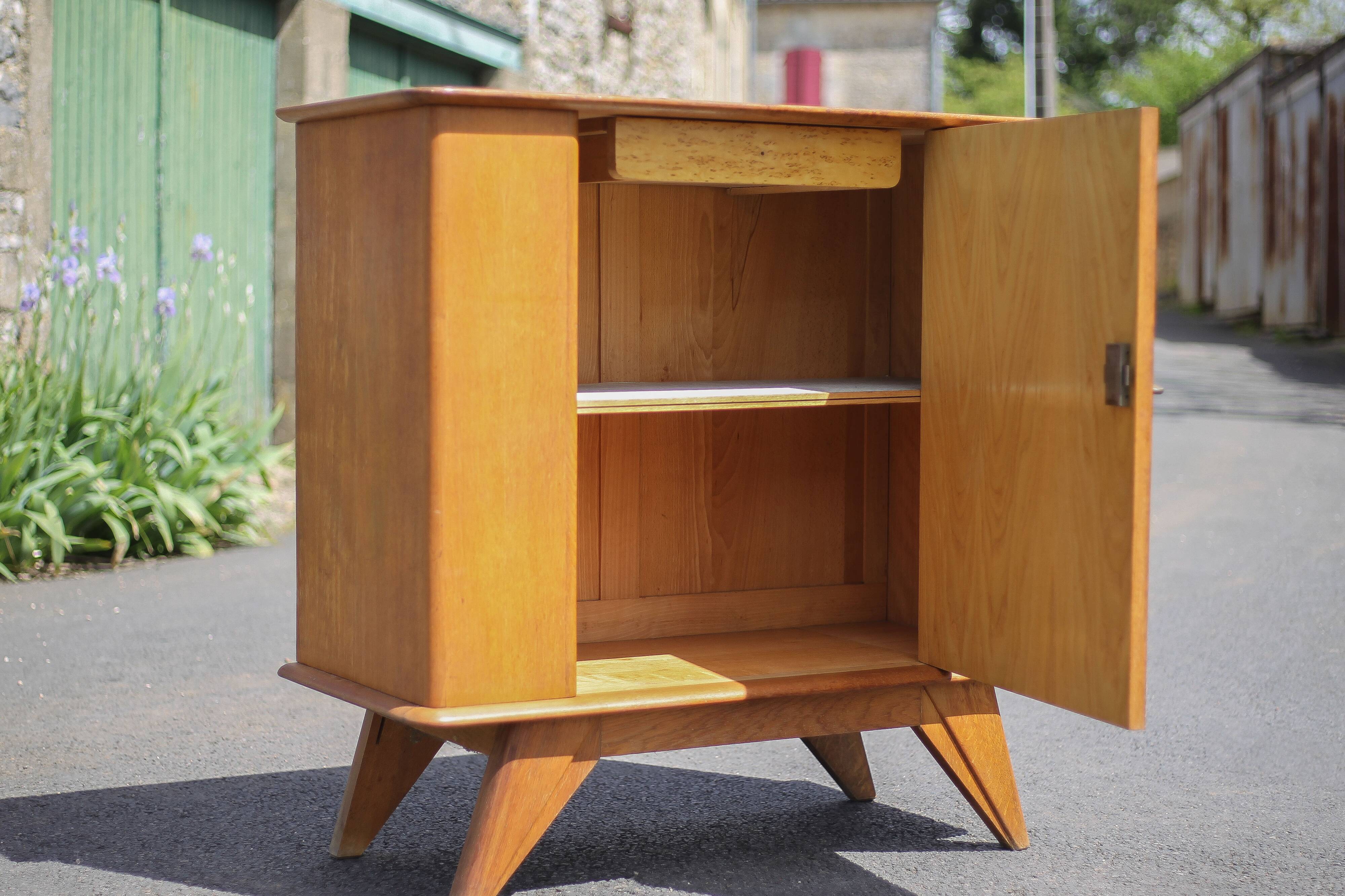 Vintage wooden sideboard, 1-door sideboard with compass feet, storage unit, small chest