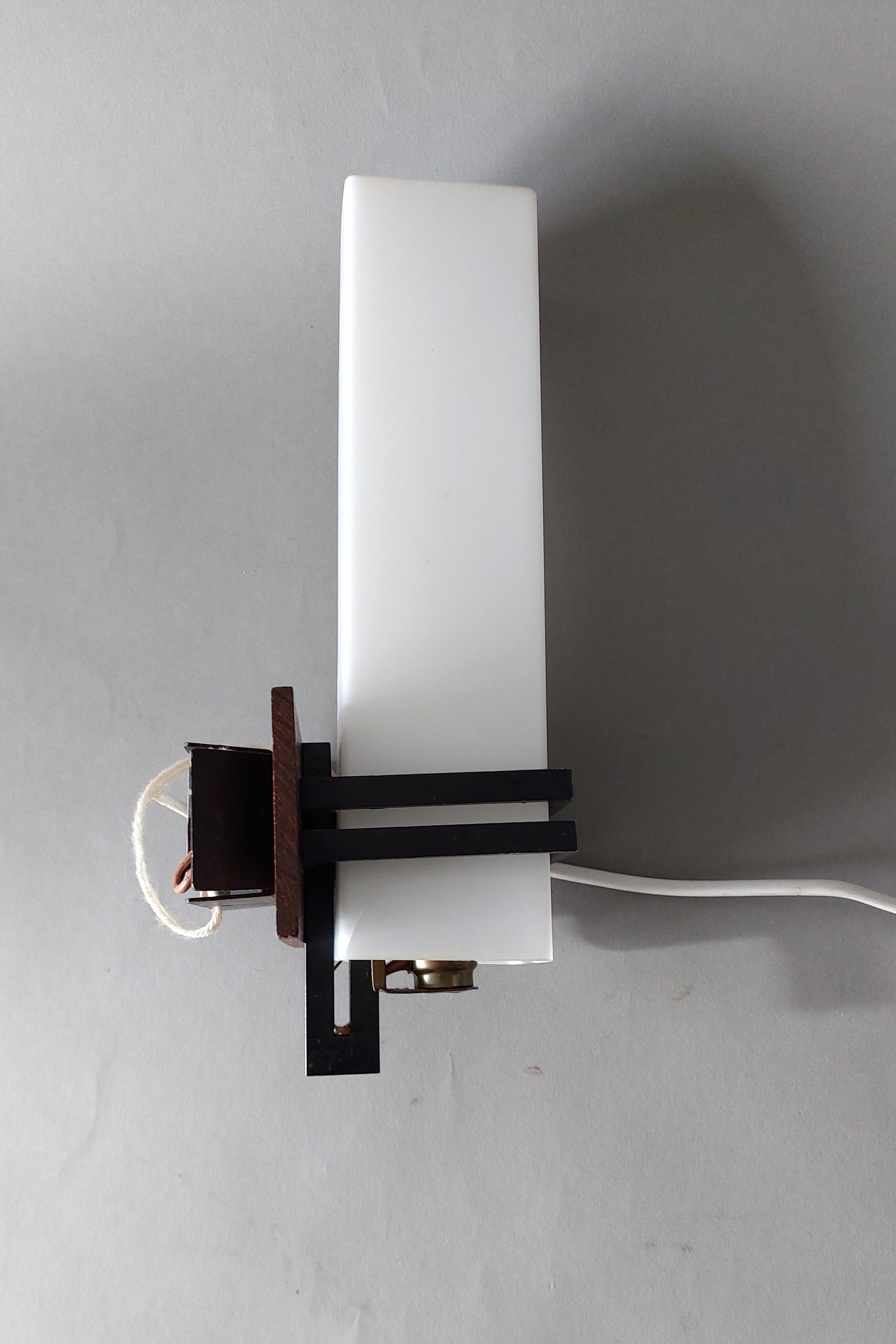 Modernist wall lamp teak, opaline and black metal 1960