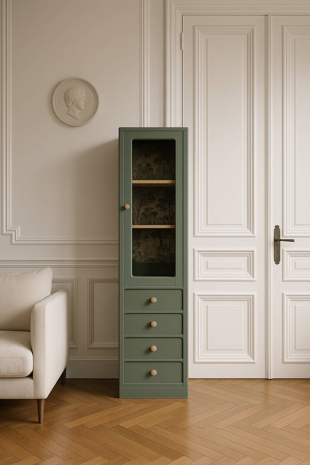 Vitrine haute vintage peinte en vert, rénovée