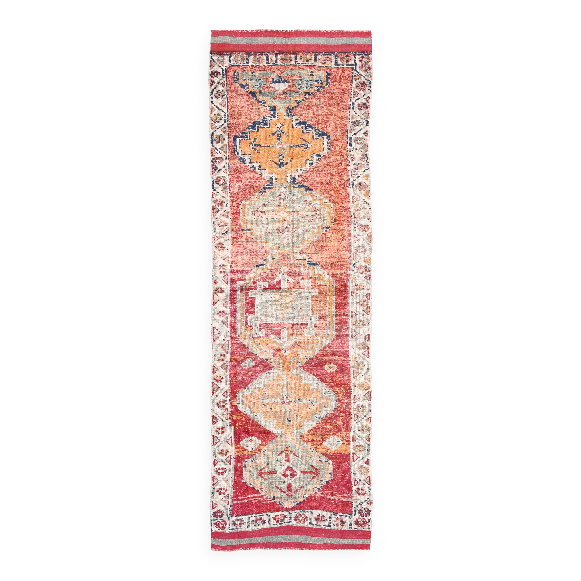 Tapis de couloir vintage à motifs géométriques rouge et orange, 102 x 332 cm