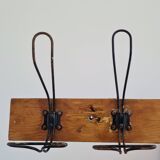 Antique wooden wall coat rack with metal hooks L200