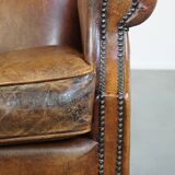 Large Vintage English-Style Sheepskin Leather Wingback Armchair