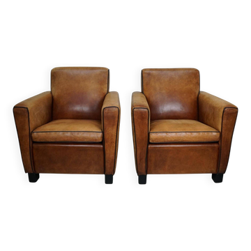Fauteuils de club en cuir couleur cognac néerlandais vintage, ensemble de 2
