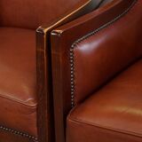 Ensemble majestueux et luxueux de 2 fauteuils design Art Déco en cuir de vachette couleur cognac