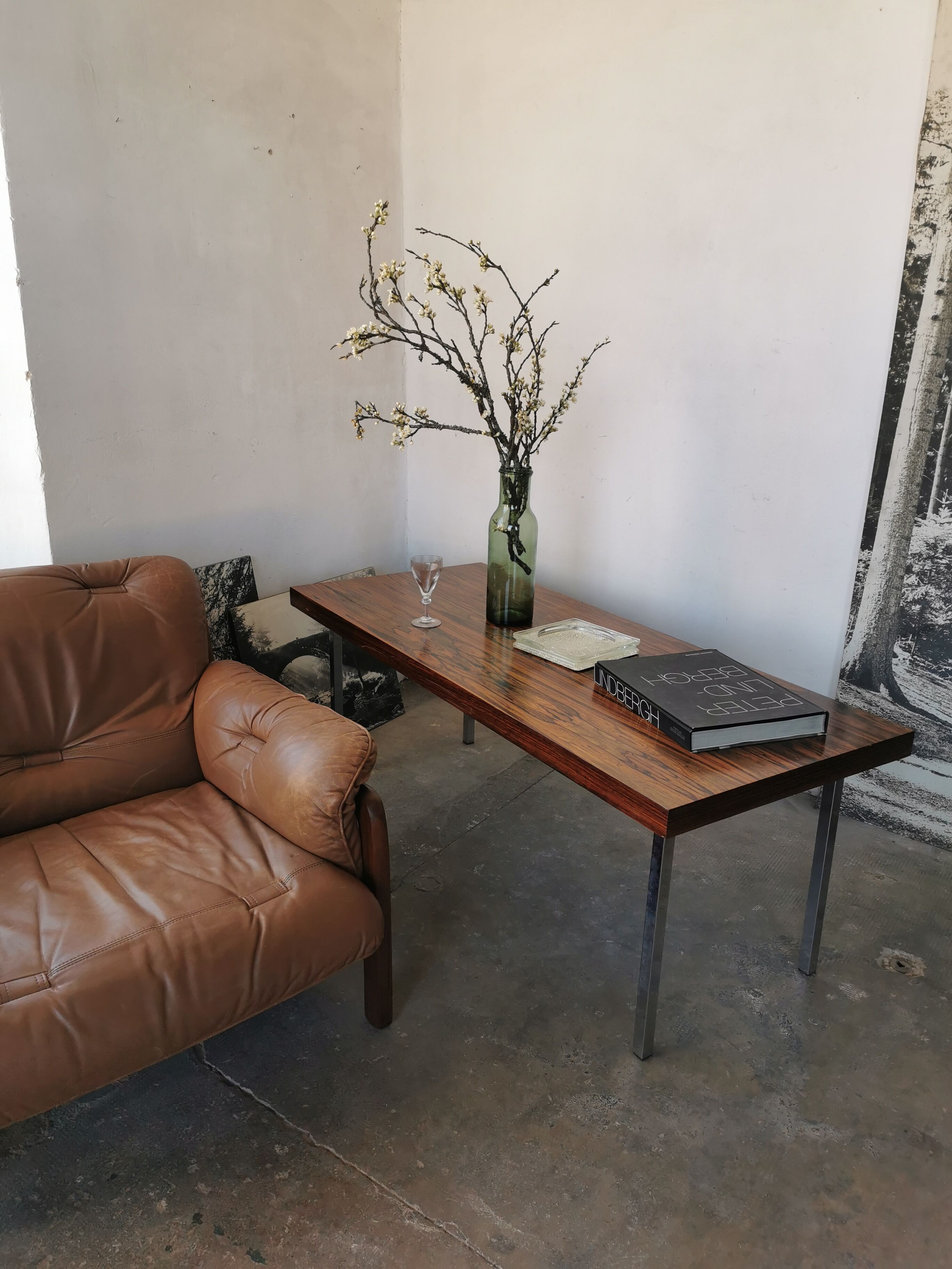 Coffee table from the 70s, chrome and rosewood