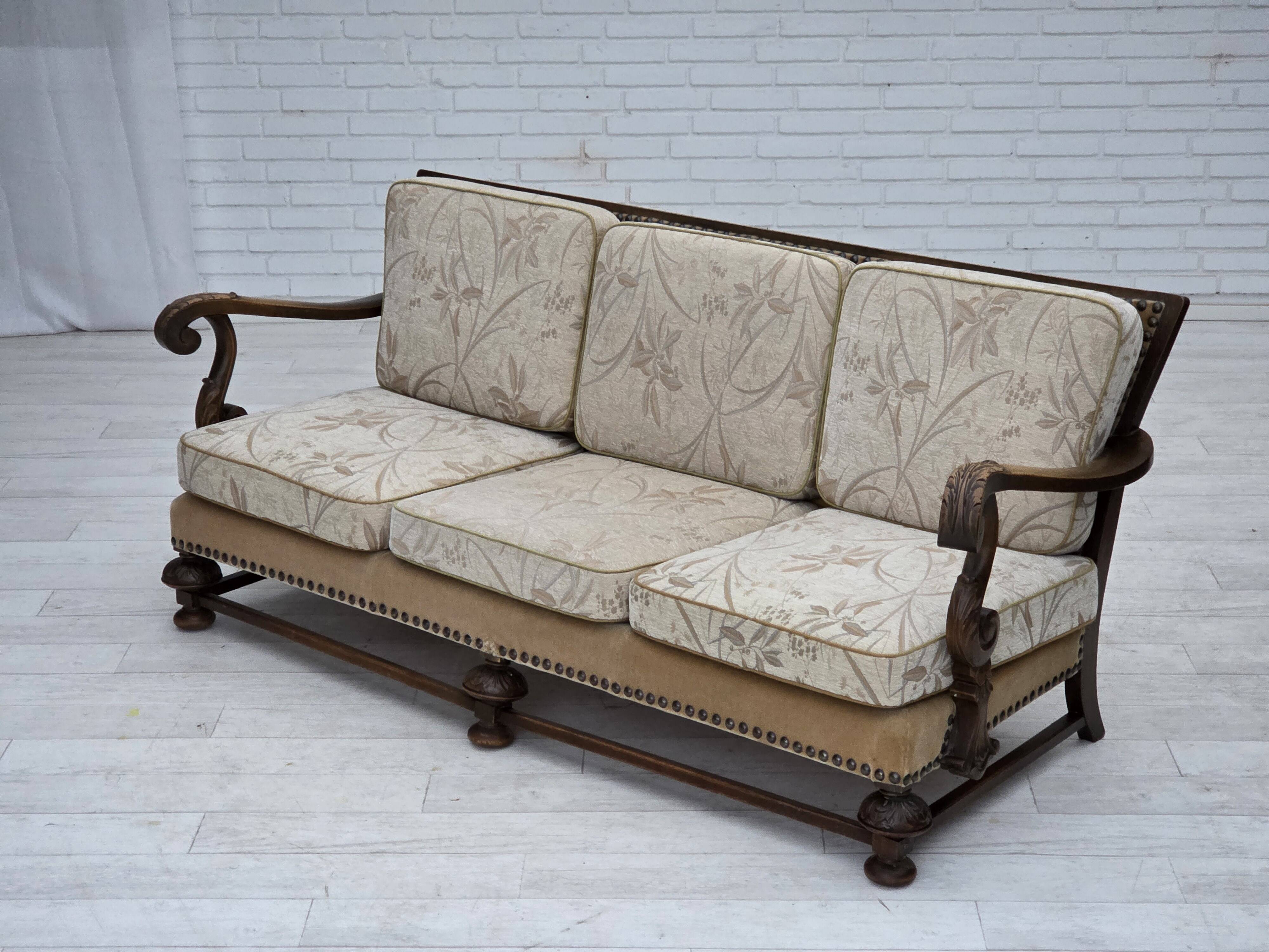 1960s, Danish 3-seater sofa, beige/brown furniture fabric, carved oak wood.