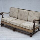 1960s, Danish 3-seater sofa, beige/brown furniture fabric, carved oak wood.