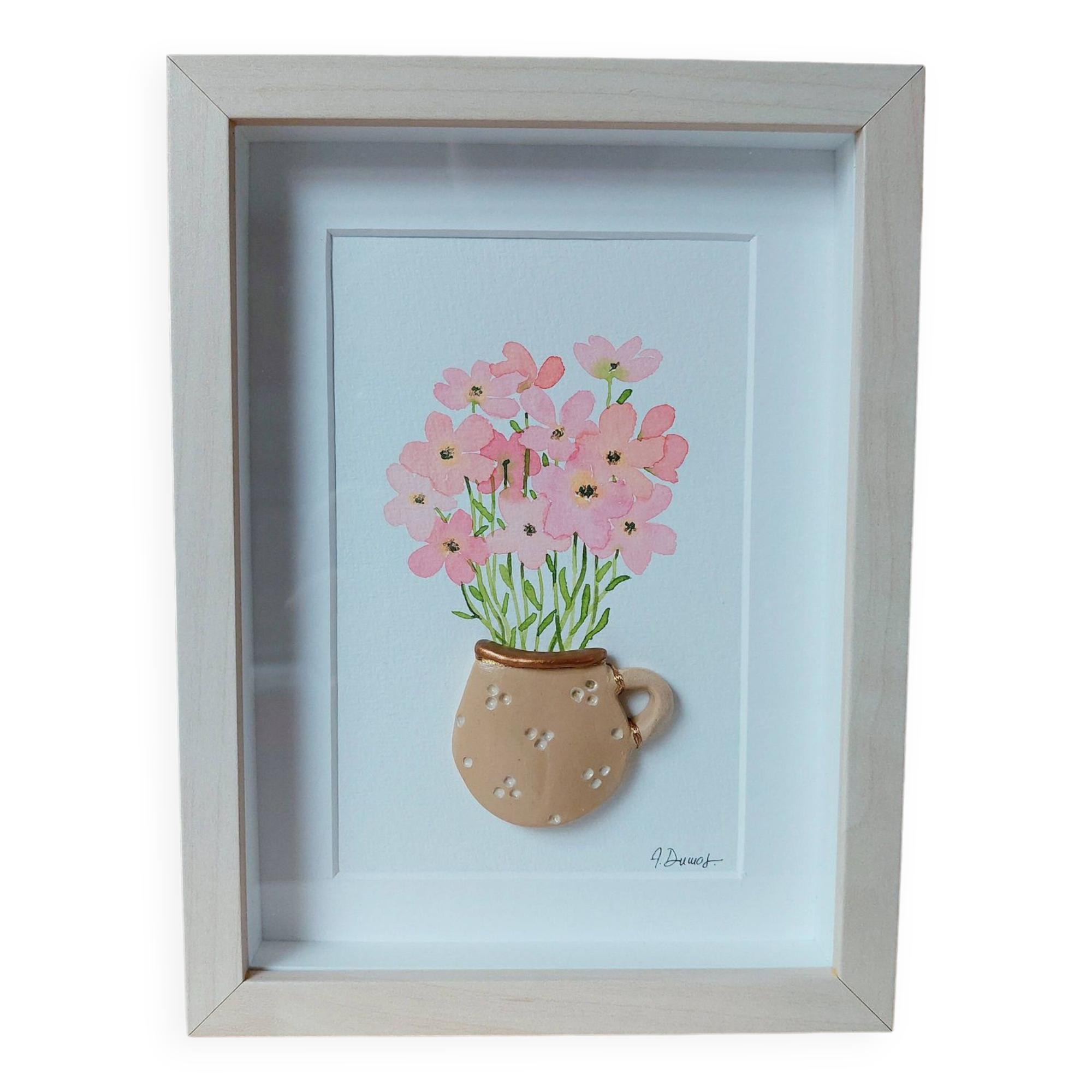 Relief painting bouquet of pink flowers in watercolor in a handmade clay mug