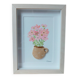 Tableau en relief bouquet de fleurs roses à l'aquarelle dans un mug en argile fait main