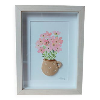 Relief painting bouquet of pink flowers in watercolor in a handmade clay mug