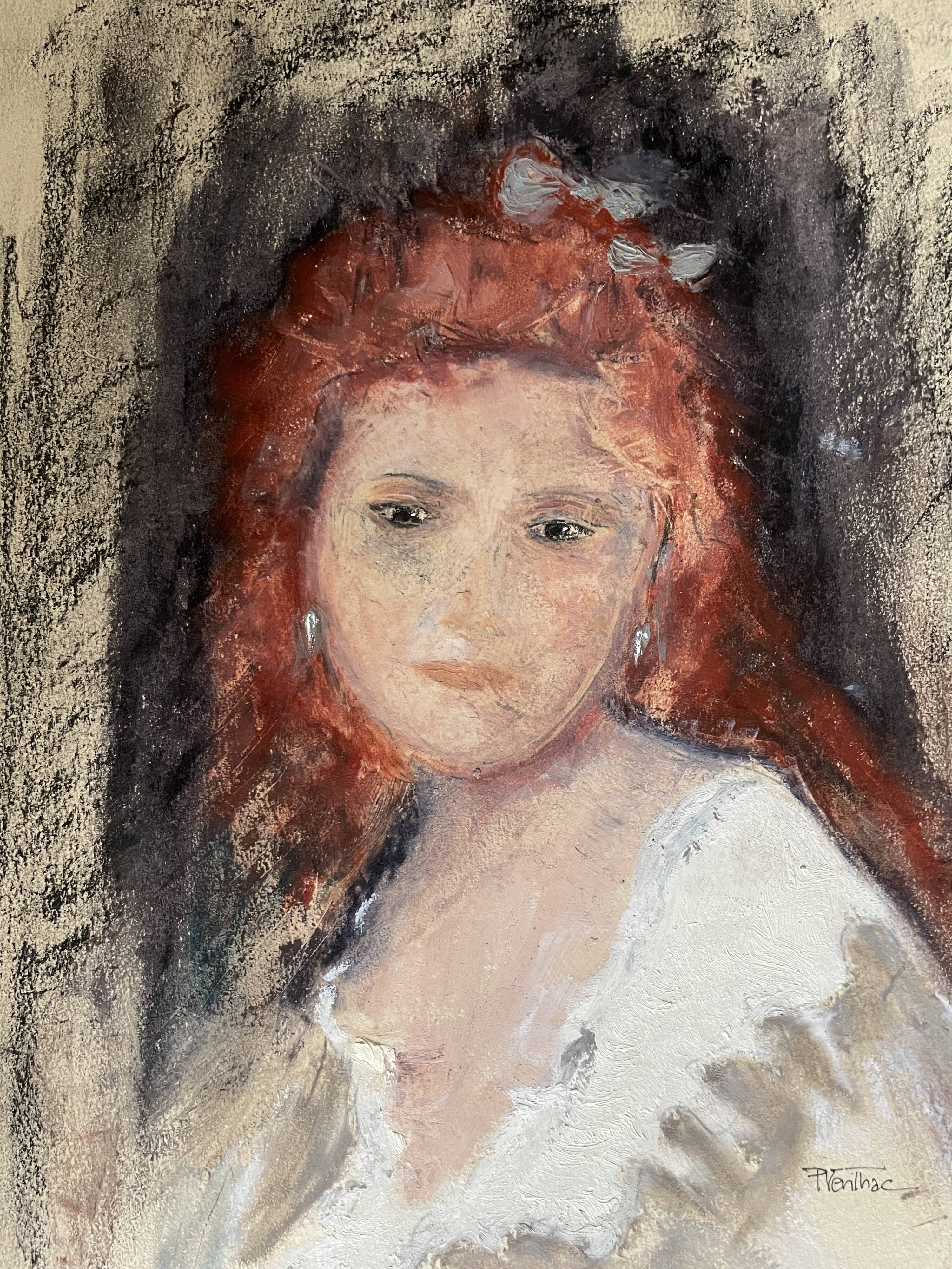 Tableau pastel signé portrait femme rousse