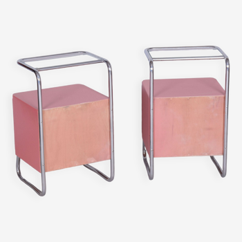 Restored bauhaus pair of bed-side tables, chrome-plated steel, czechia, 1940s